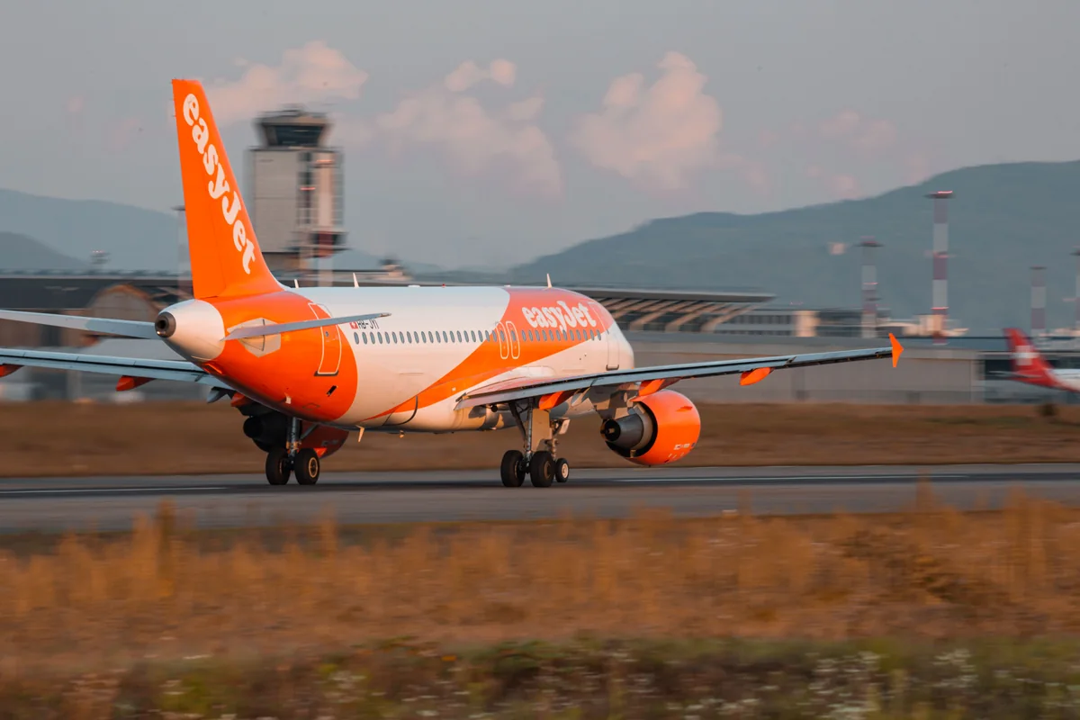 easyJet aircraft taking off at sunset